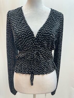 Zara Black and White Polka Dot V-Neckline Top S